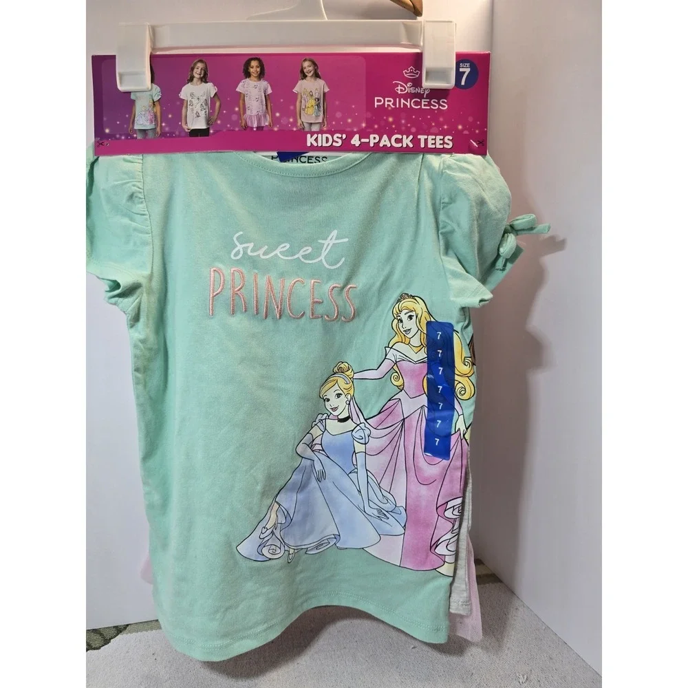 Disney Princess Girls 4-pack Tees Sz 7 Cinderella Jasmine Belle‎ New